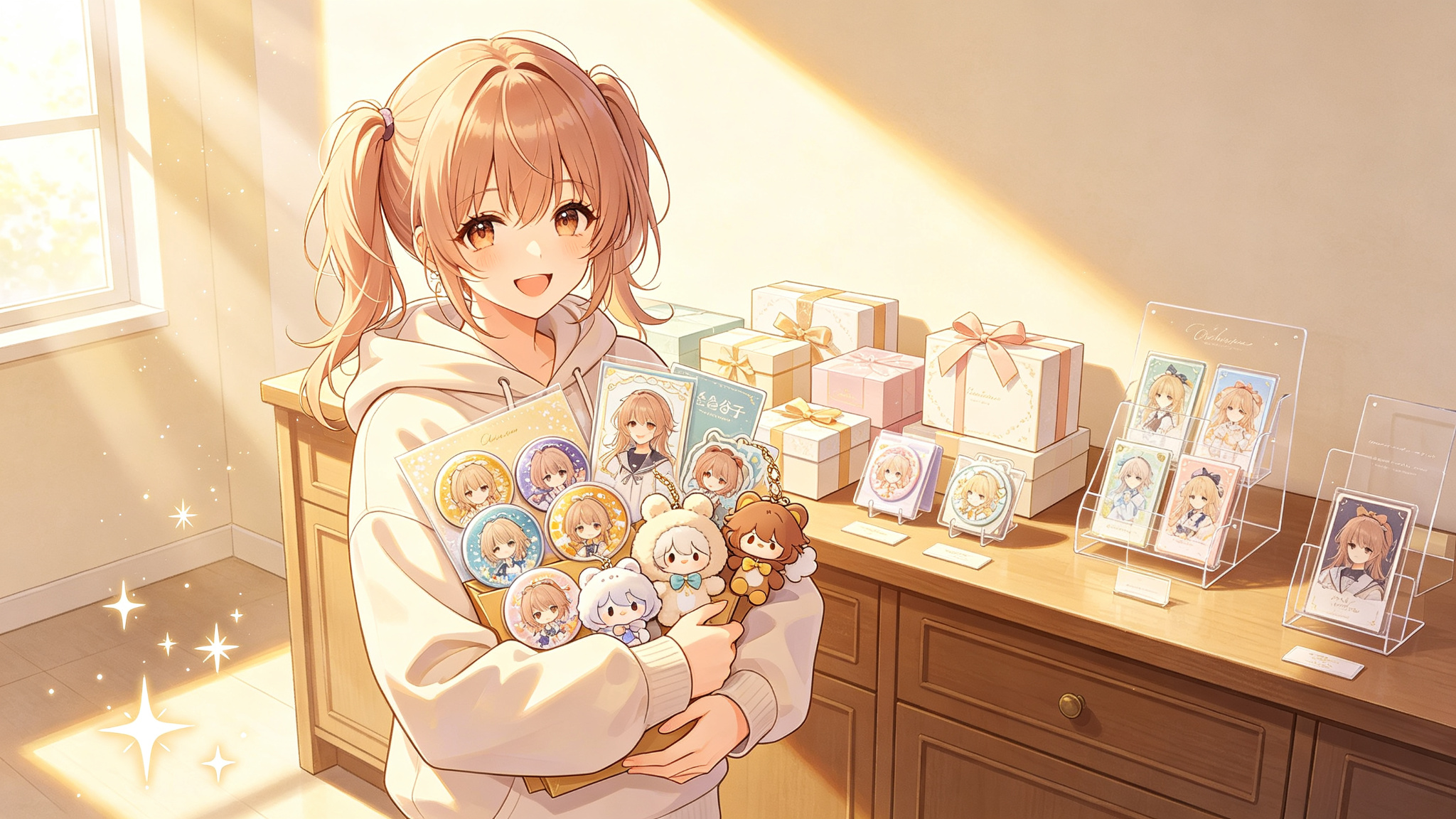 二次元少女怀抱动漫谷子周边与精美包装盒的插画