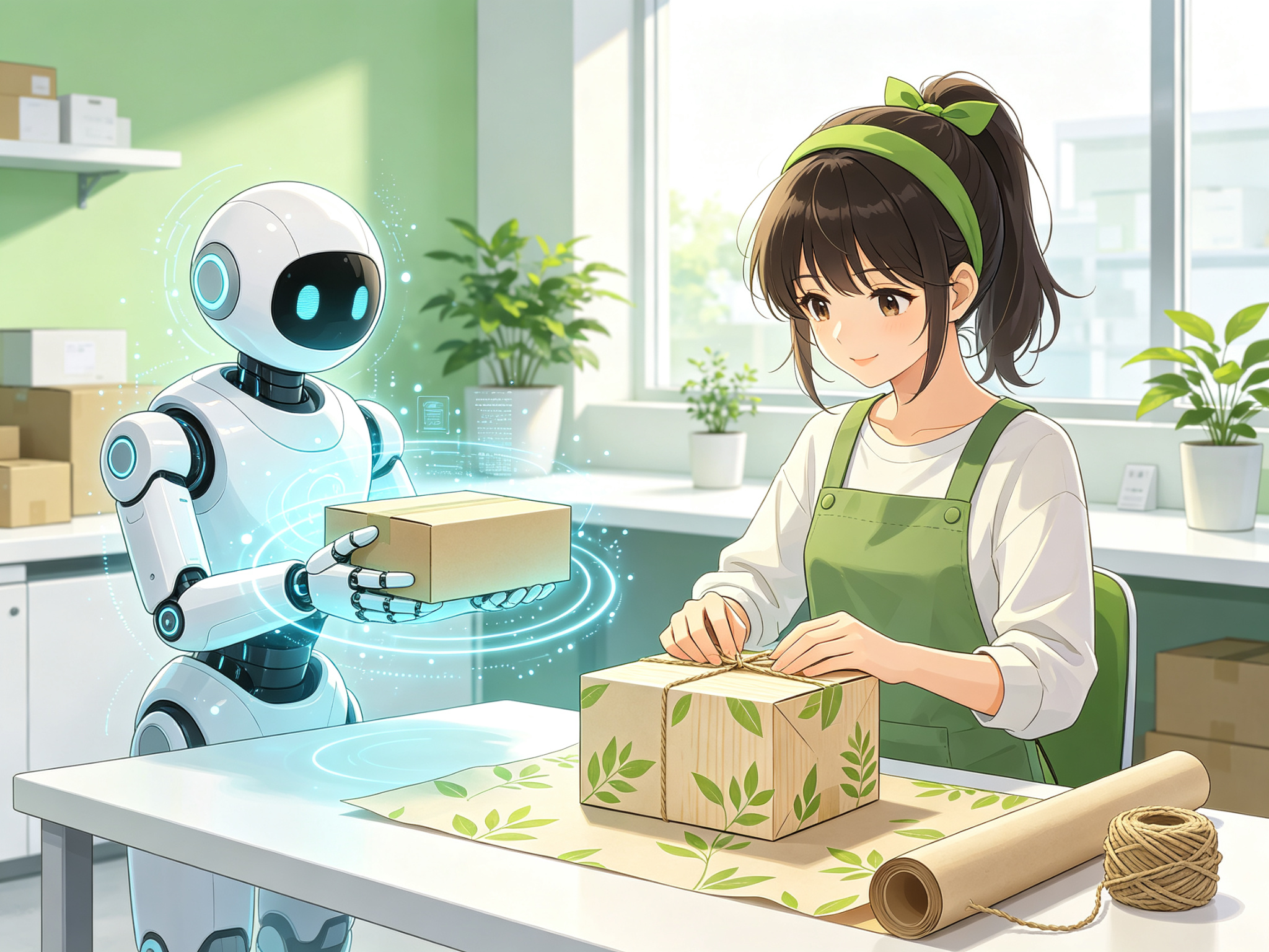 二次元少女用环保包装材料打包，智能机械臂辅助的插画