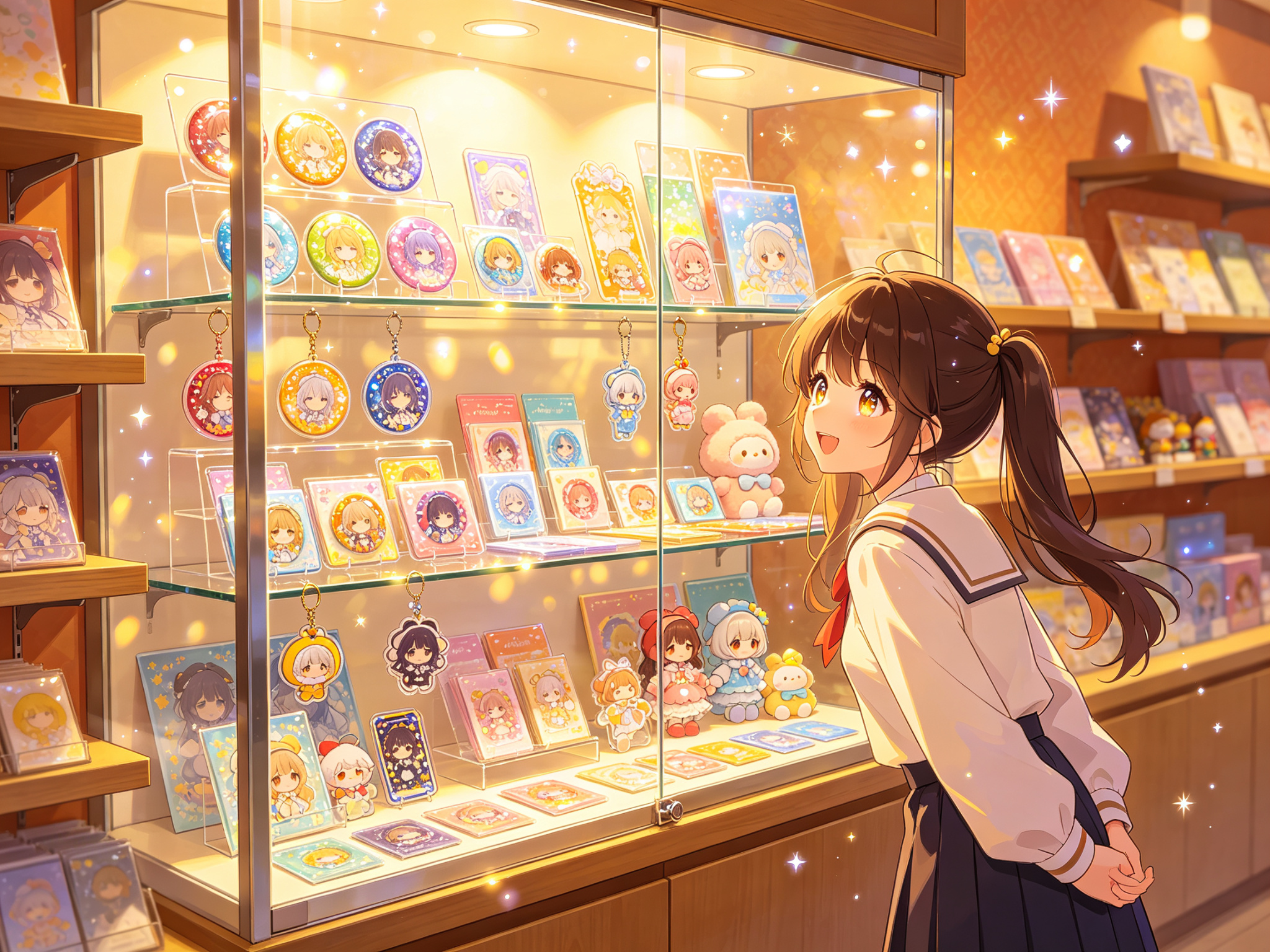 二次元少女在谷子周边展示柜前欣赏的插画